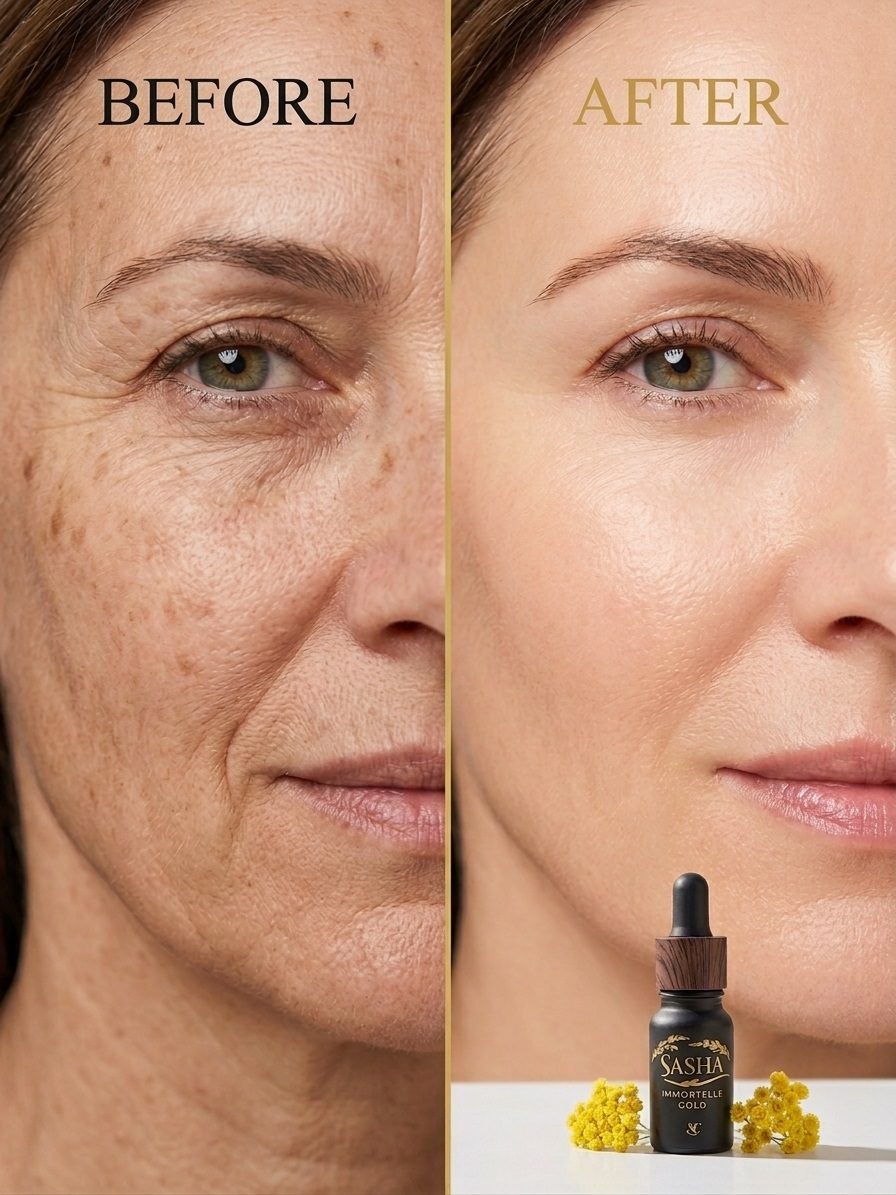 Before and after using Immortelle Gold facial oil, showing smoother, more radiant skin