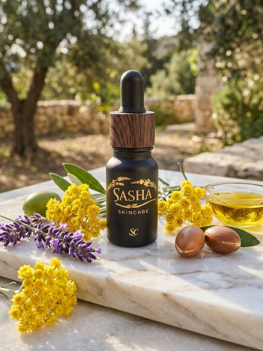 SASHA Skincare bottle surrounded by lavender, immortelle flowers and argan nuts