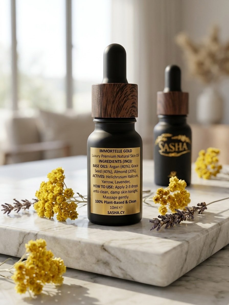 Immortelle Gold facial oil bottle, close up on a marble surface