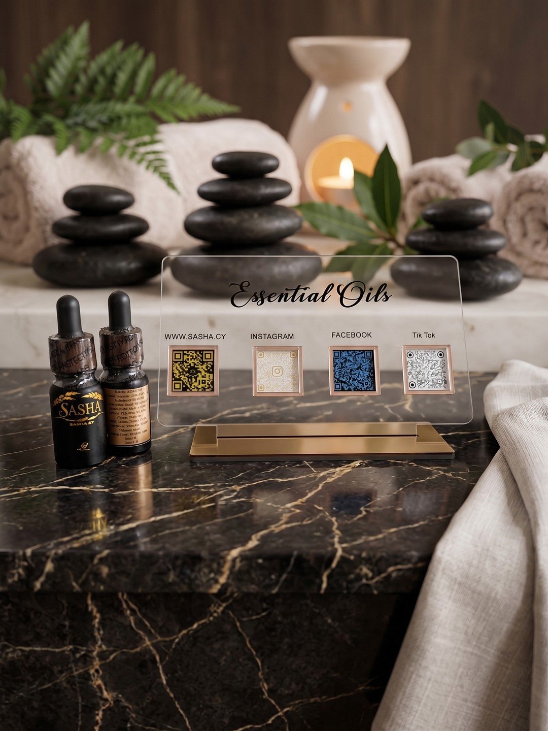 Immortelle Gold styled with warm stones and towels for an evening spa ritual