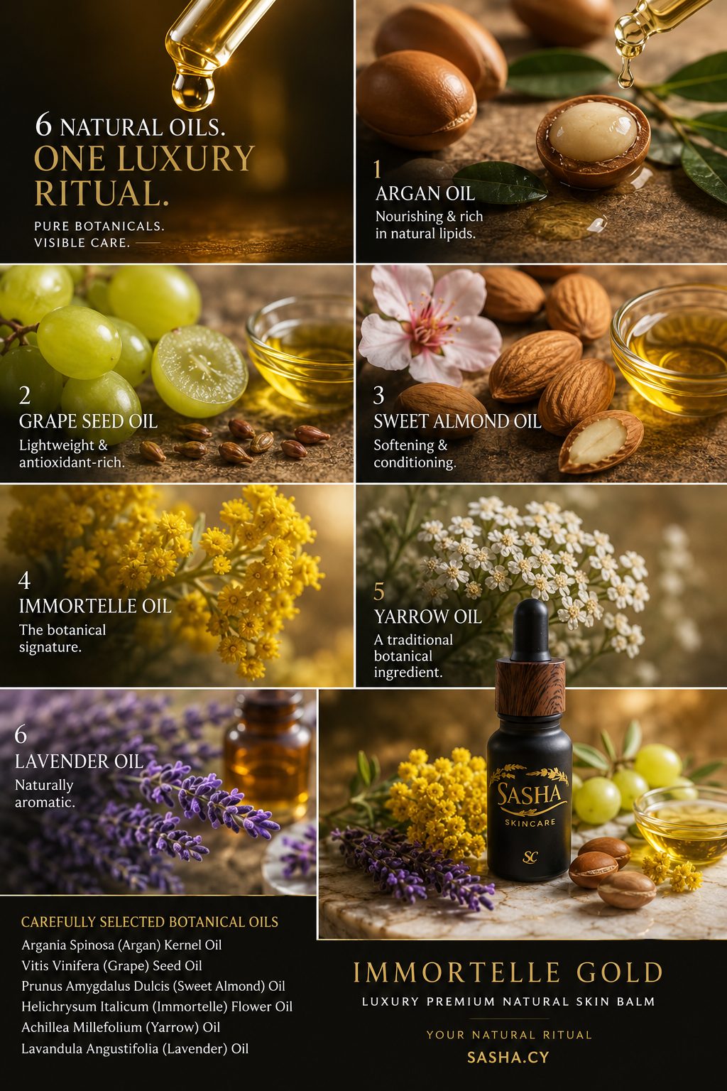 The six natural oils in Immortelle Gold: Argan, Grape Seed, Sweet Almond, Immortelle, Yarrow and Lavender oil